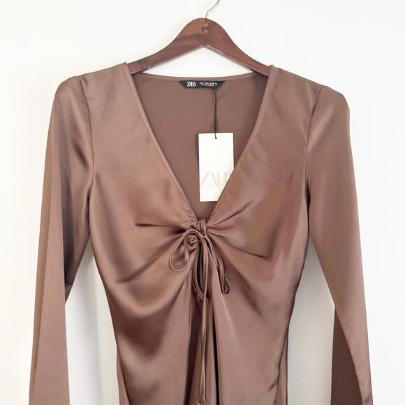 ZARA Satin Effect Tie Front Long Sleeve Blouse Top Brown Small S - Picture 4 of 9
